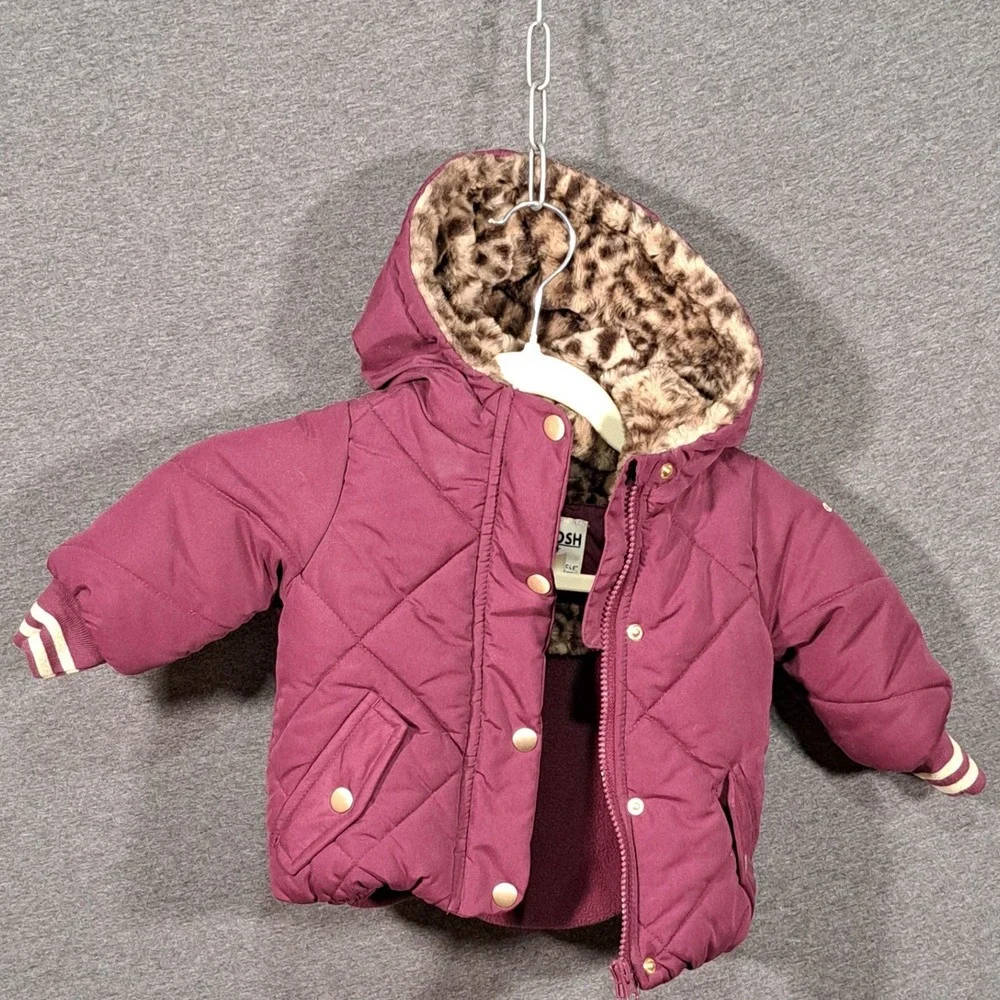 OshKosh Bgosh Toddler Girls Burgundy Quilted Puffer Jacket Leopard Hood 12M